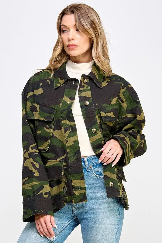 Olive Camouflage Soft Fabric Oversized Cargo Jacket