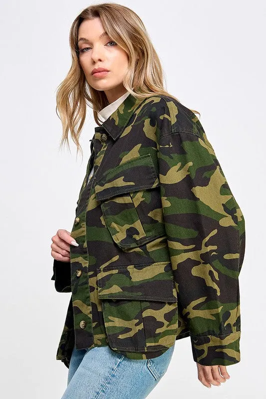 Olive Camouflage Soft Fabric Oversized Cargo Jacket