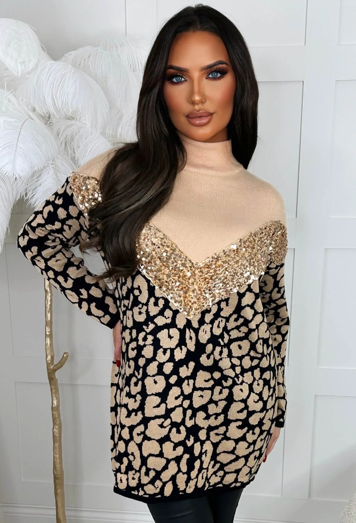 One Last Dance Beige Animal Print Sequin Jumper