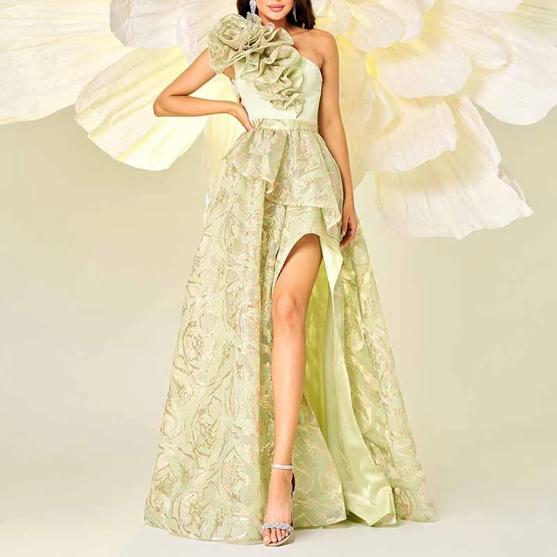 One Shoulder Floral Split Dress Event Prom Light Green Party Gowns