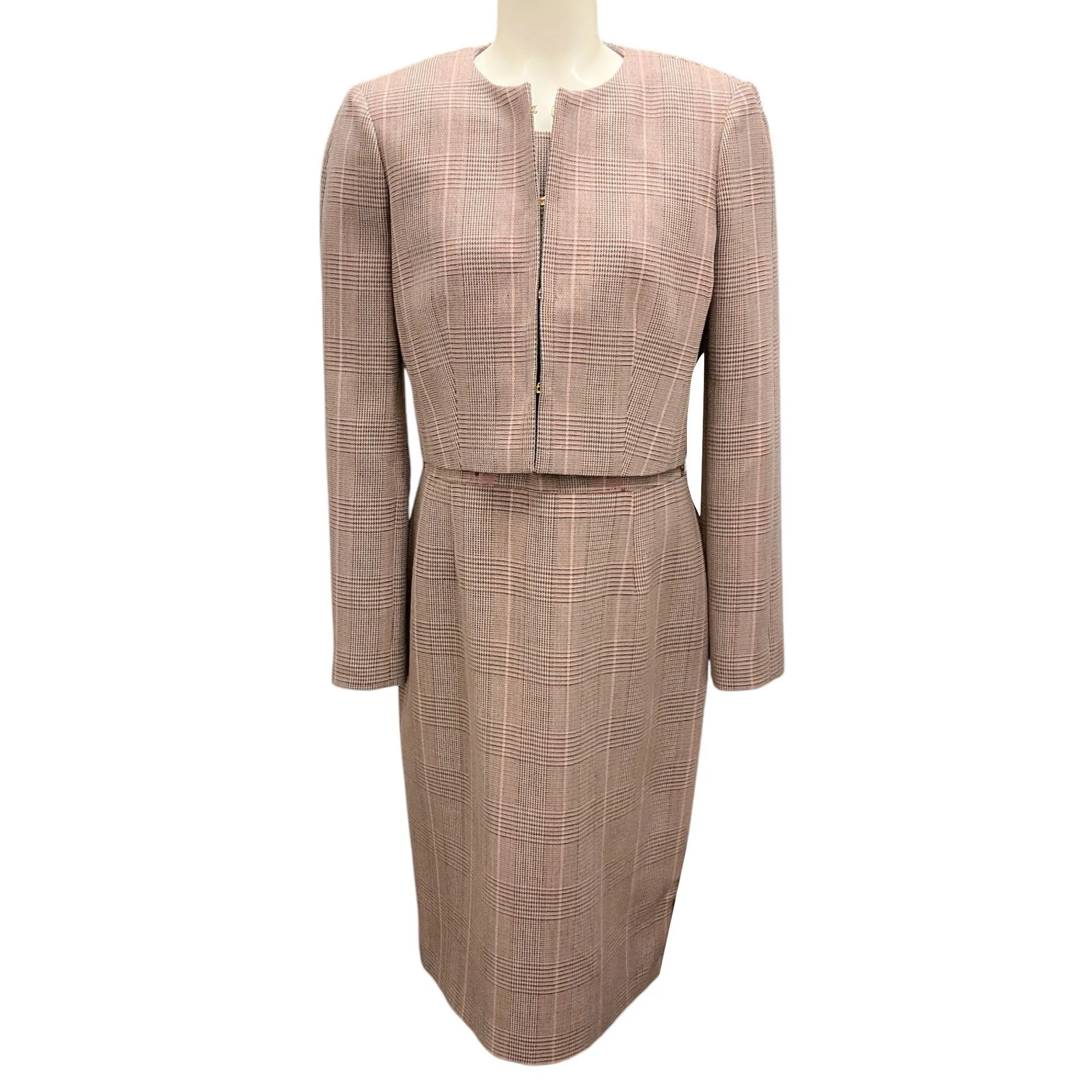 Paule Ka Pink / Brown Multi Plaid Jacket and Dress Two-Piece Set