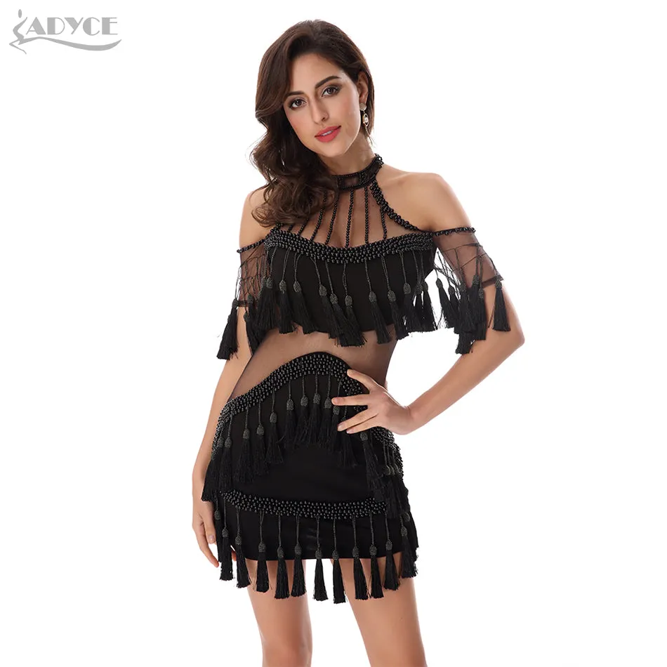 Pink Luxury Beading off shoulder Tassel Mesh Short Sleeve Sexy Dress