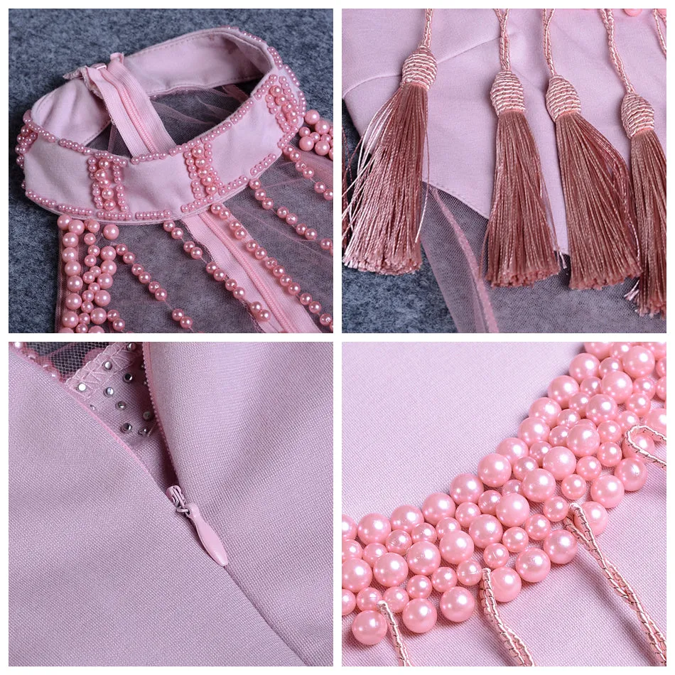 Pink Luxury Beading off shoulder Tassel Mesh Short Sleeve Sexy Dress