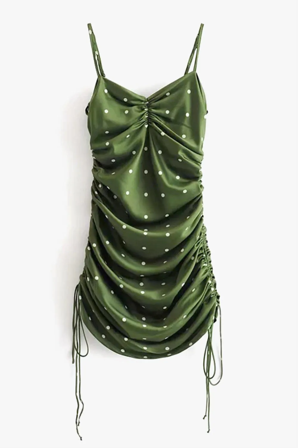 Polka Dot Drawstring Ruched Slip Dress