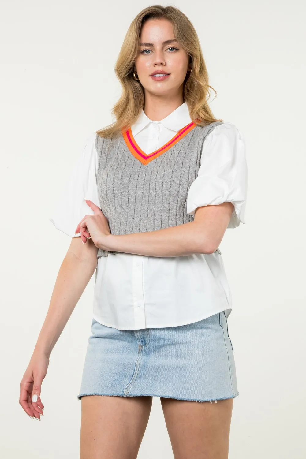 Poplin Sleeve Knit Top