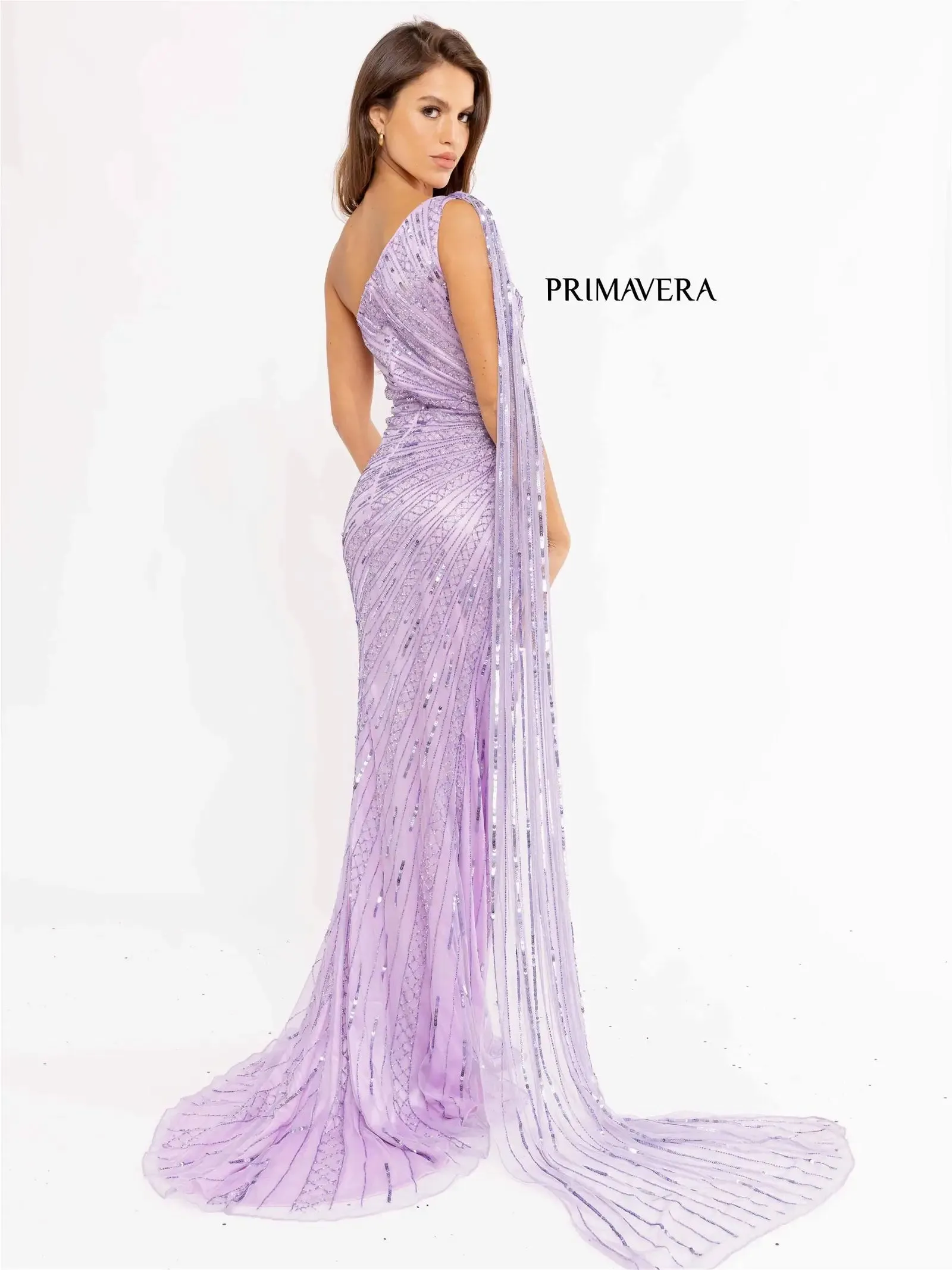 Primavera Couture 3956 Size 12 Lilac Long Fitted Beaded One Shoulder Cape Prom Dress Slit Pageant Gown