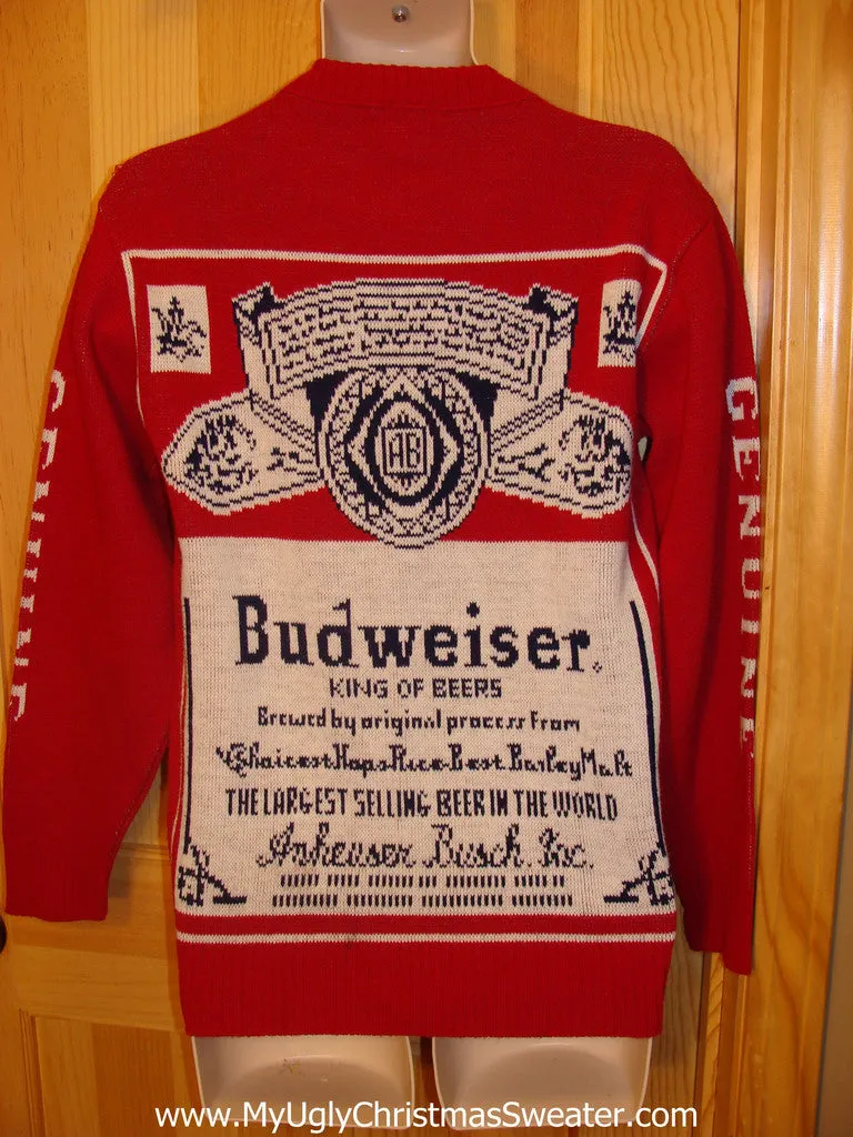 Red Ugly Christmas Sweater Party Vintage Budweiser Sweater with 2sided Bud Label Design (v14)