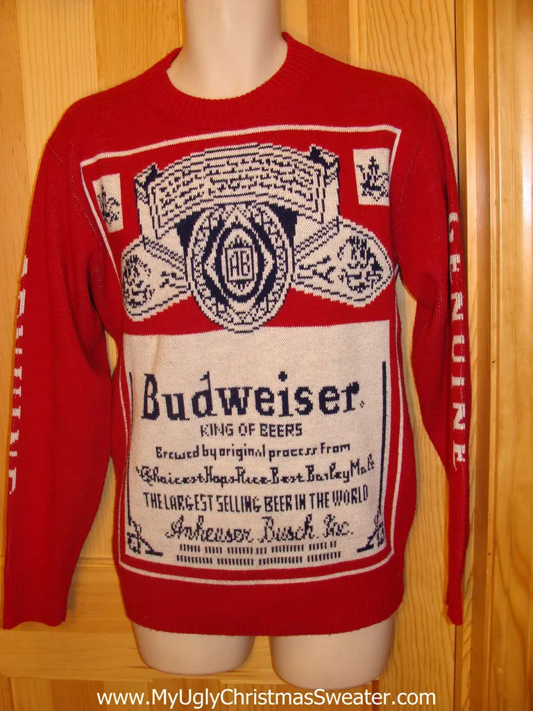 Red Ugly Christmas Sweater Party Vintage Budweiser Sweater with 2sided Bud Label Design (v14)