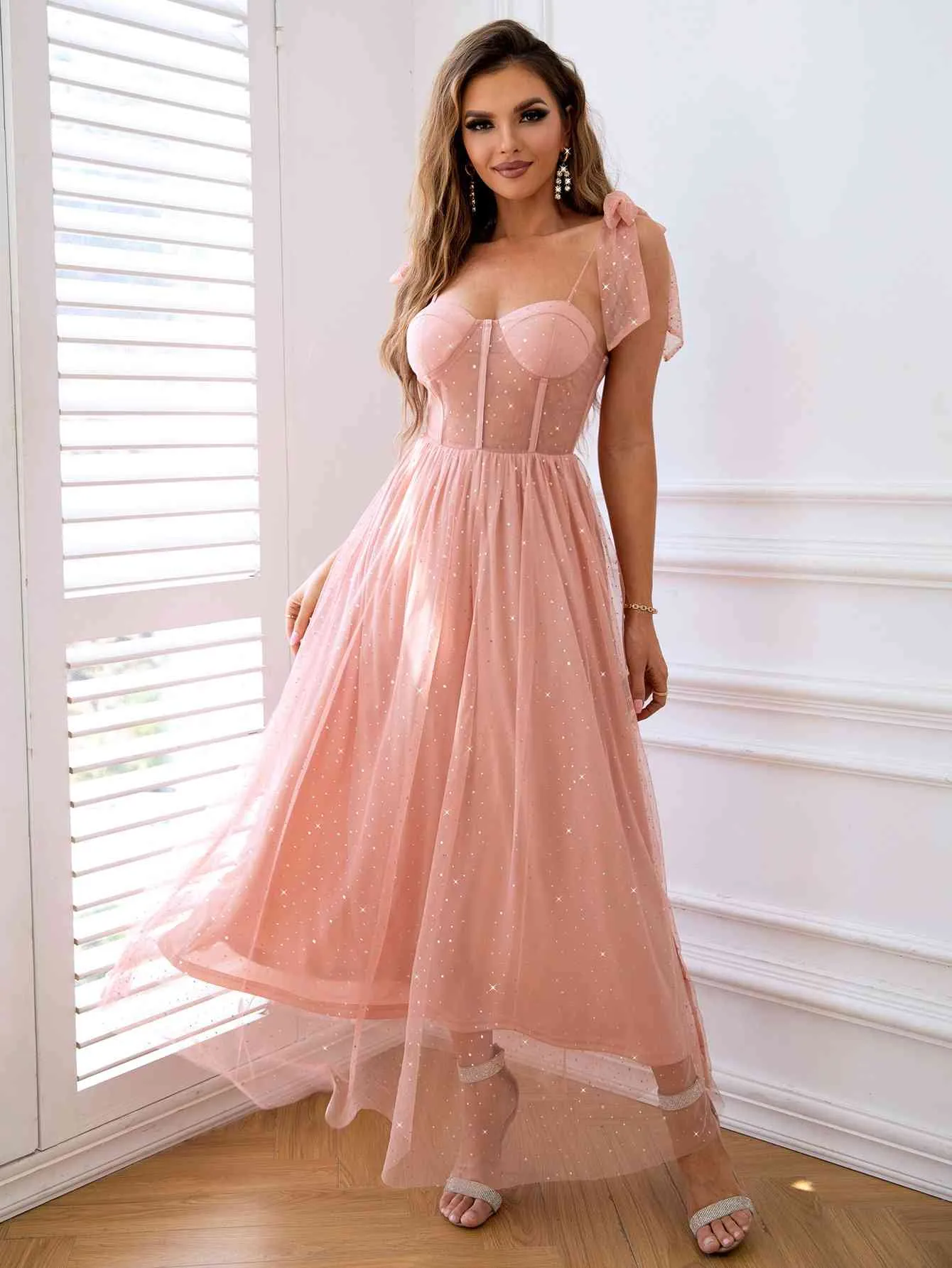 Rhinestone Mesh Pink Princess Party Dress