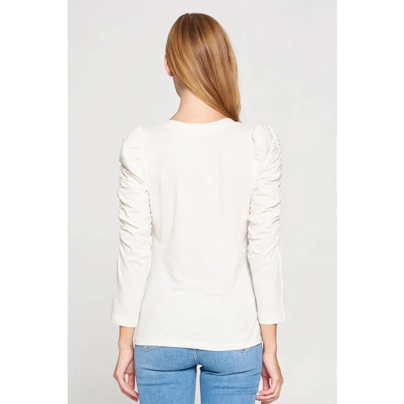 RUCHED SLEEVE V-NECK TOP