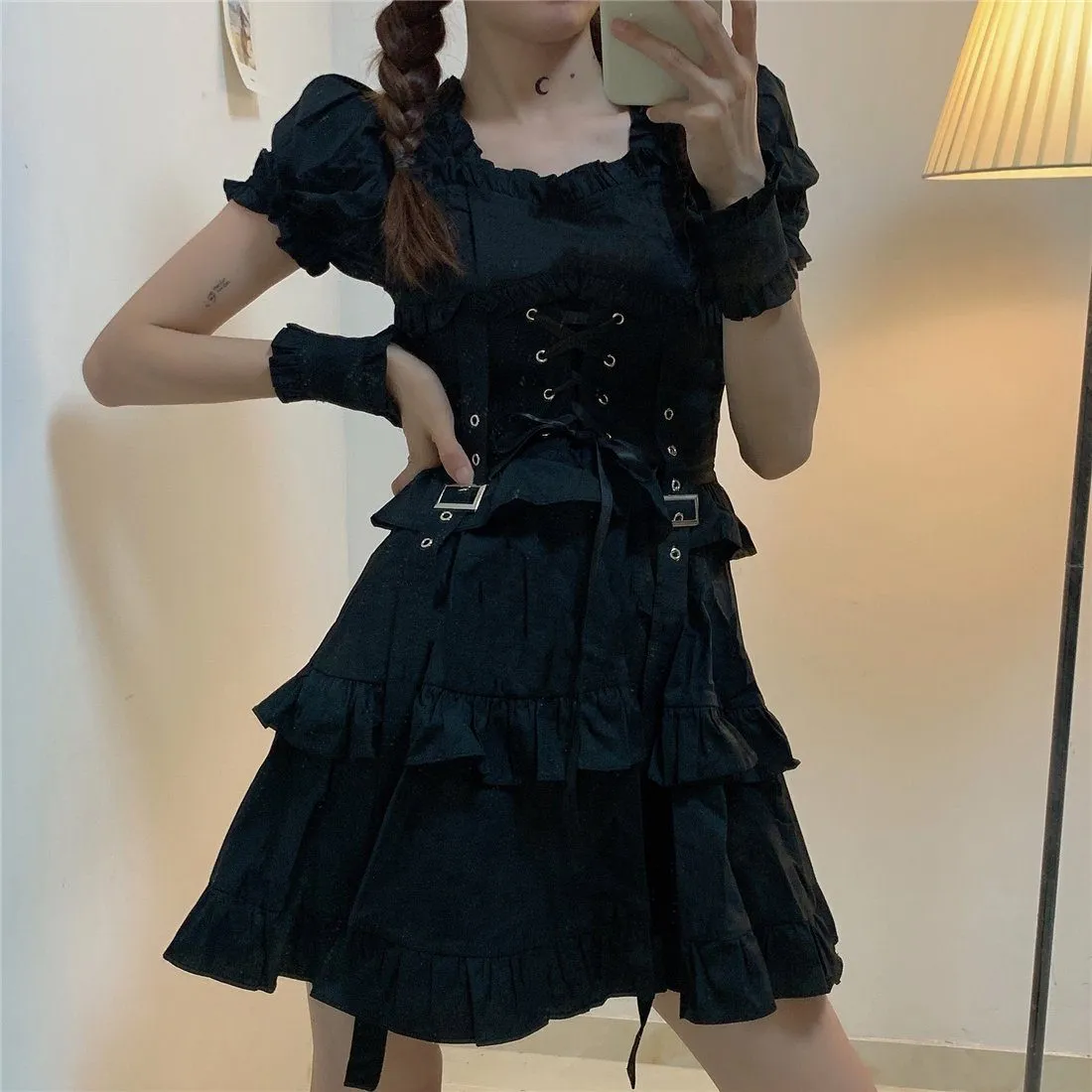 Ruffle Ribbon Corset Black Dress SD01074