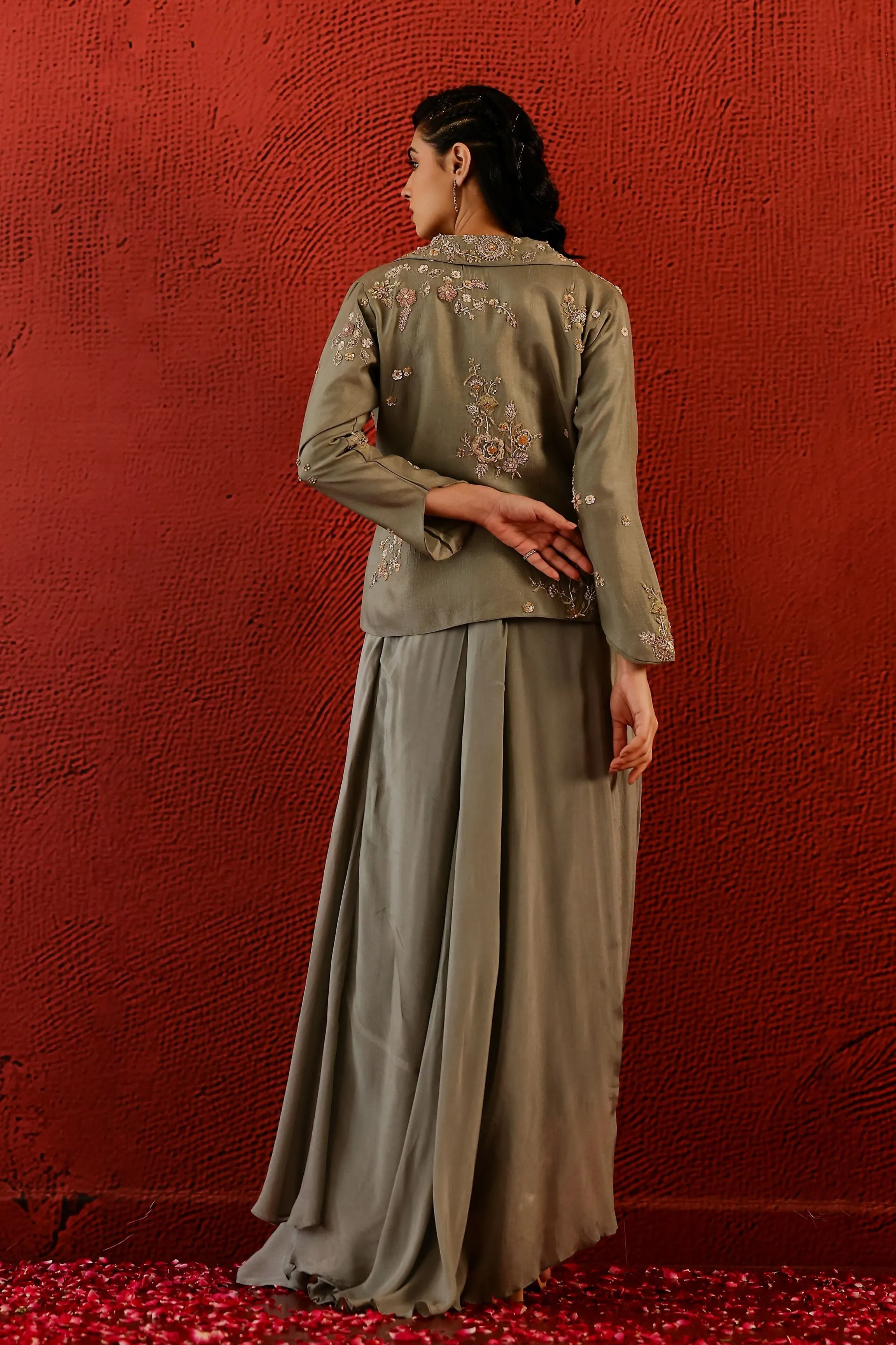 Sage Grey Embroidered Belgium Silk Jacket & Skirt Set