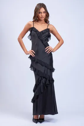 Satin Ruffle Trim Maxi Dress