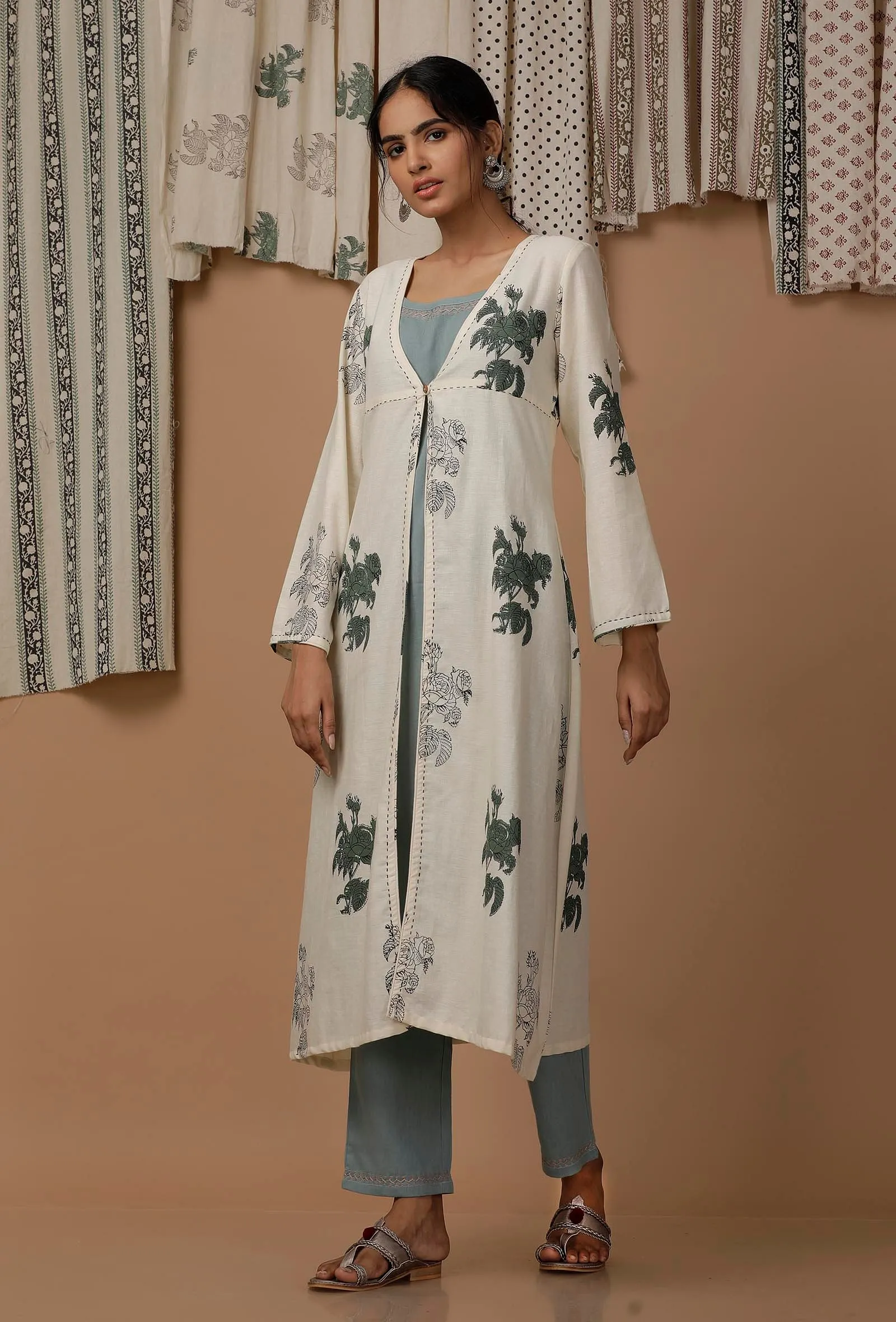 Set of 3 : Off White Floral Handblock Cotton Flex Cape and Powdered Blue Cotton Slip and Cotton Pants