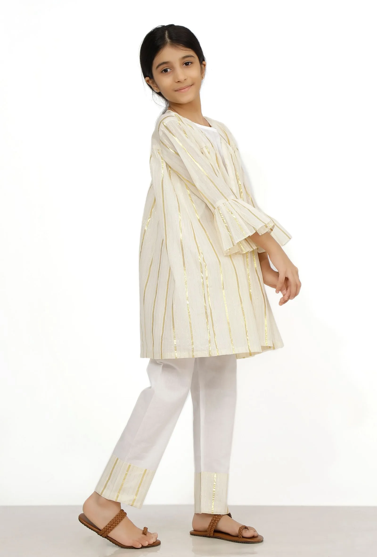 Set of 3: Sand White Cotton Slip Kurta with Stripe Pants and Cape