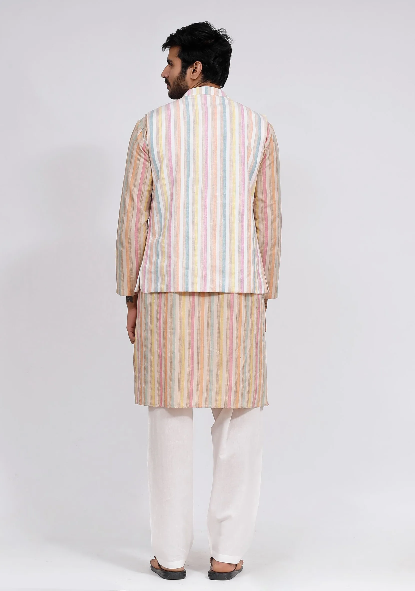 Set of 3: White Stripe Nehru Jacket With Beige Stripe Kurta and White Plain Pajama