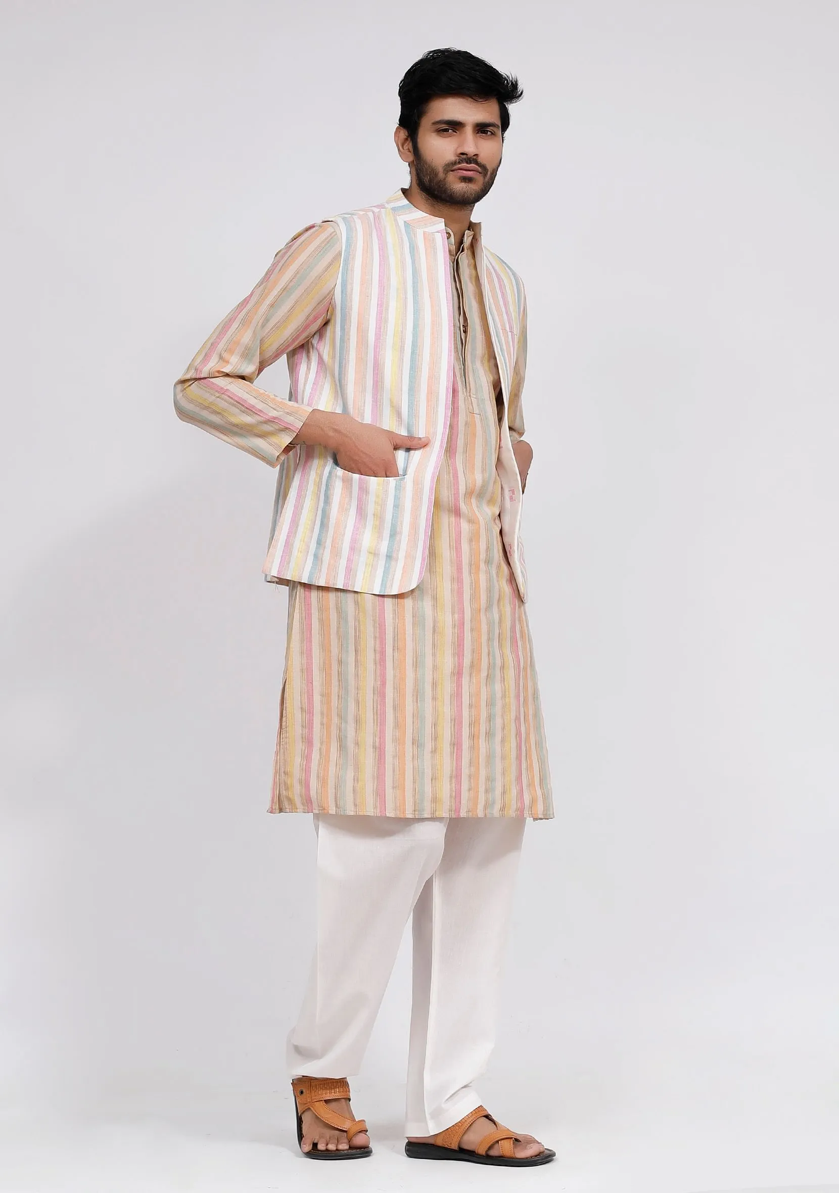 Set of 3: White Stripe Nehru Jacket With Beige Stripe Kurta and White Plain Pajama