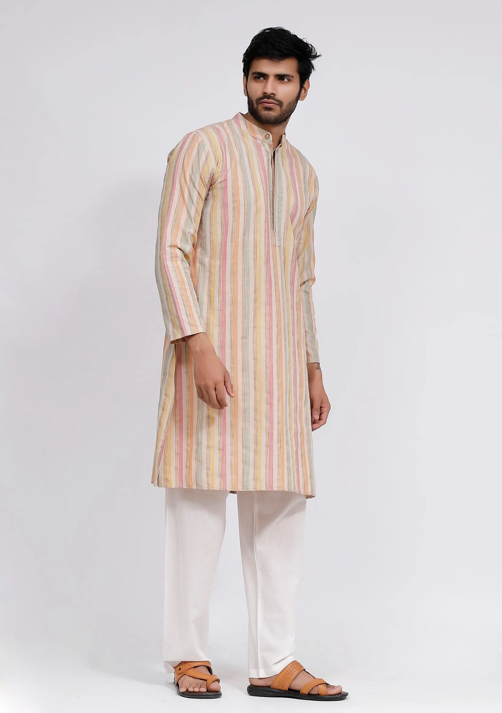 Set of 3: White Stripe Nehru Jacket With Beige Stripe Kurta and White Plain Pajama