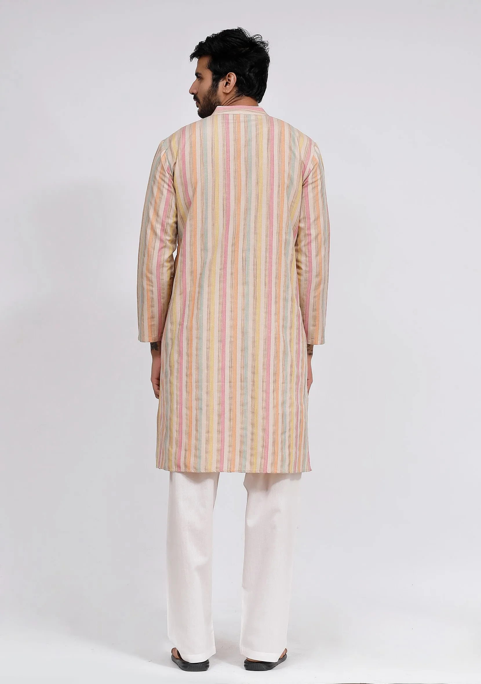 Set of 3: White Stripe Nehru Jacket With Beige Stripe Kurta and White Plain Pajama