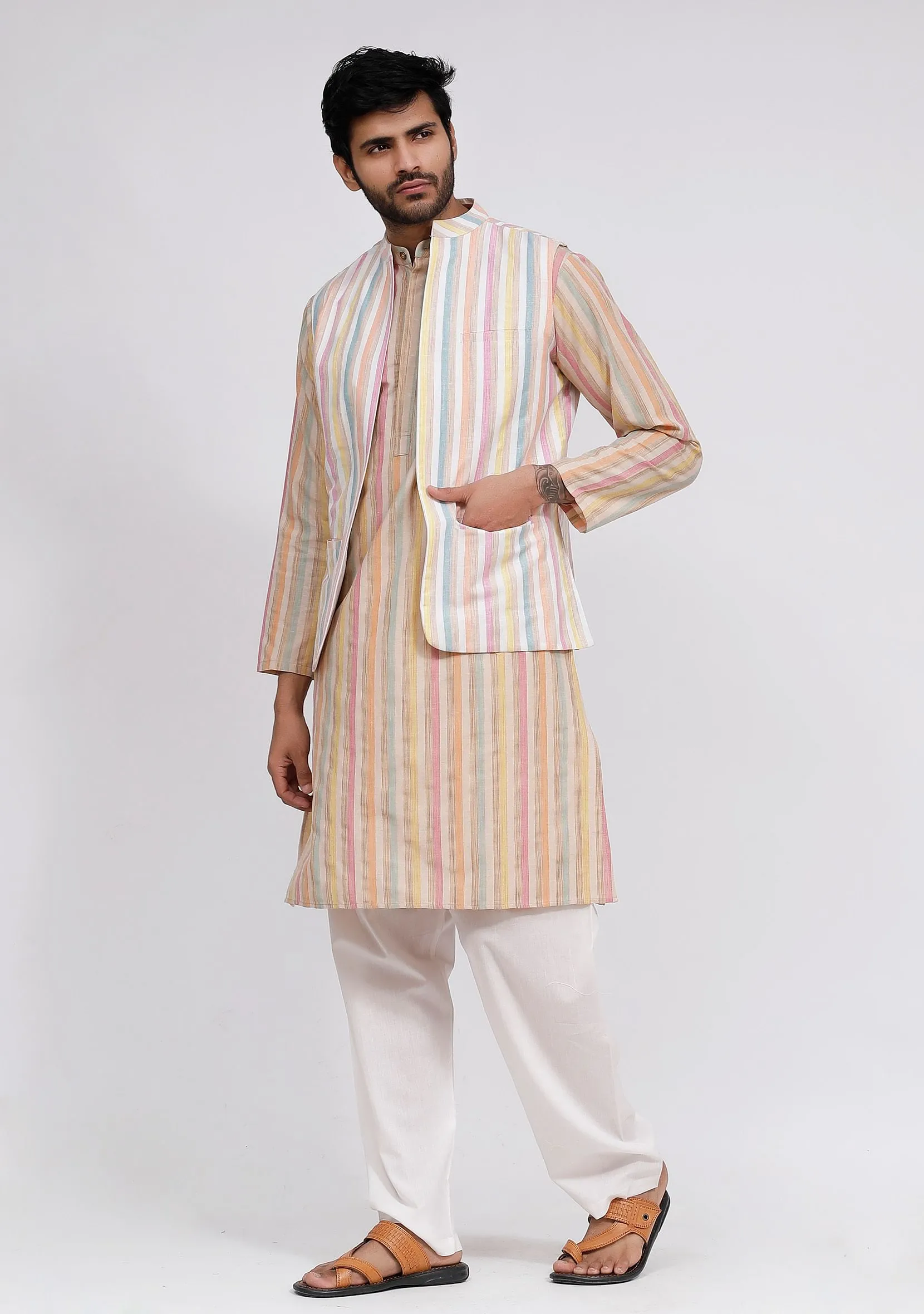 Set of 3: White Stripe Nehru Jacket With Beige Stripe Kurta and White Plain Pajama