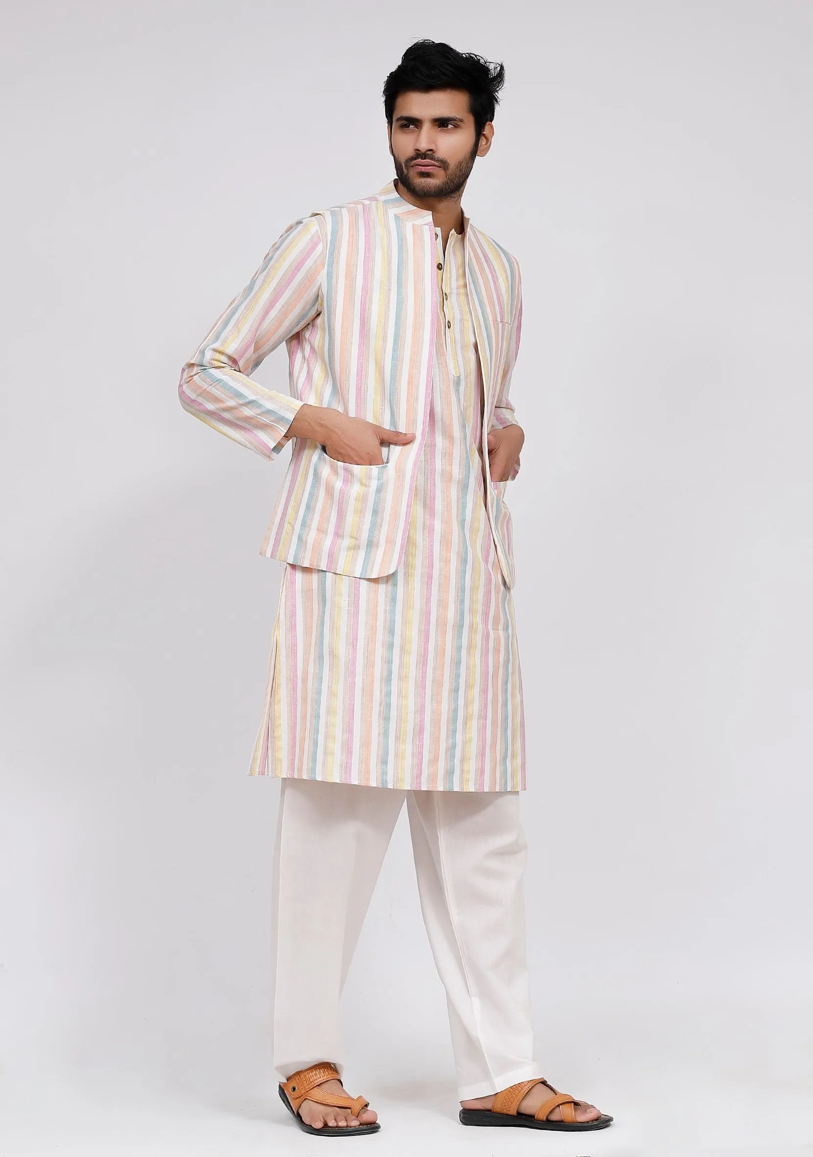 Set of 3: White Stripe Nehru Jacket With White Stripe Kurta and White pajama