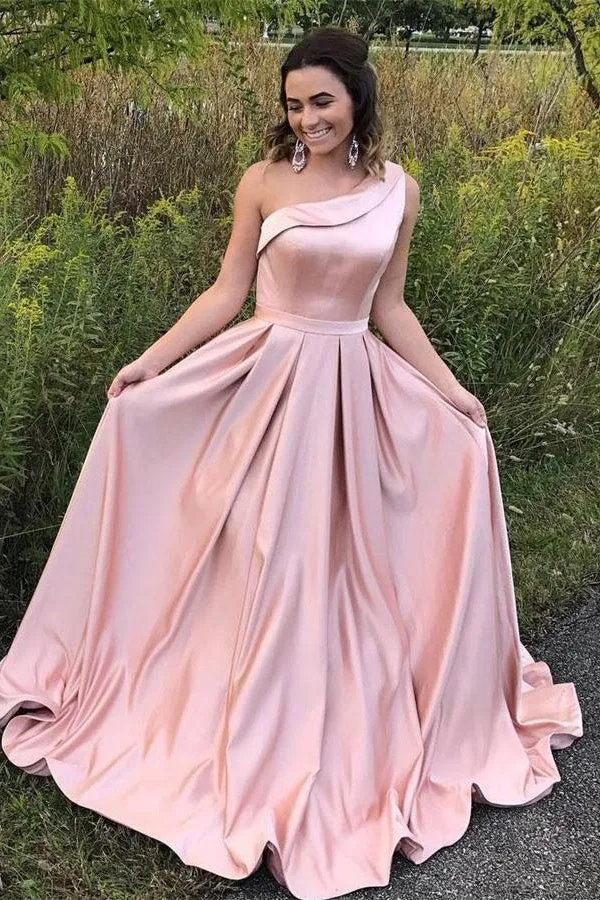 Simple Elegant One Shoulder Pink Prom Dress with Pockets