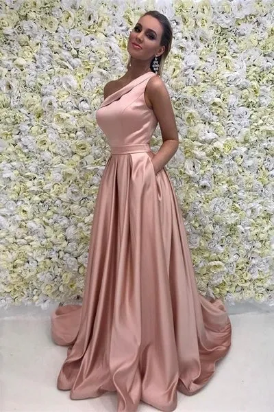 Simple Elegant One Shoulder Pink Prom Dress with Pockets