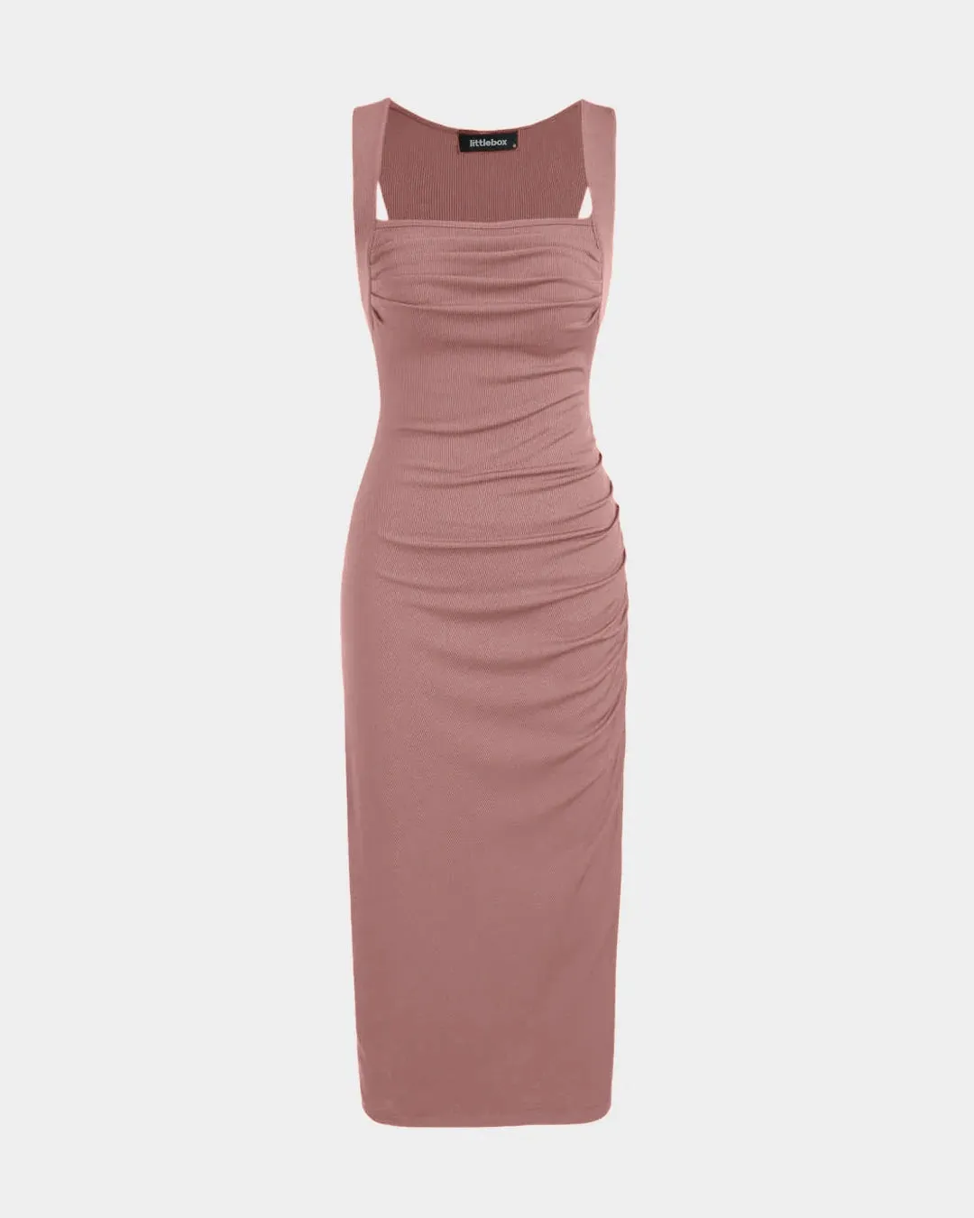 Square Neck Ruched Sleeveless Midi Dress In Dusty Pink