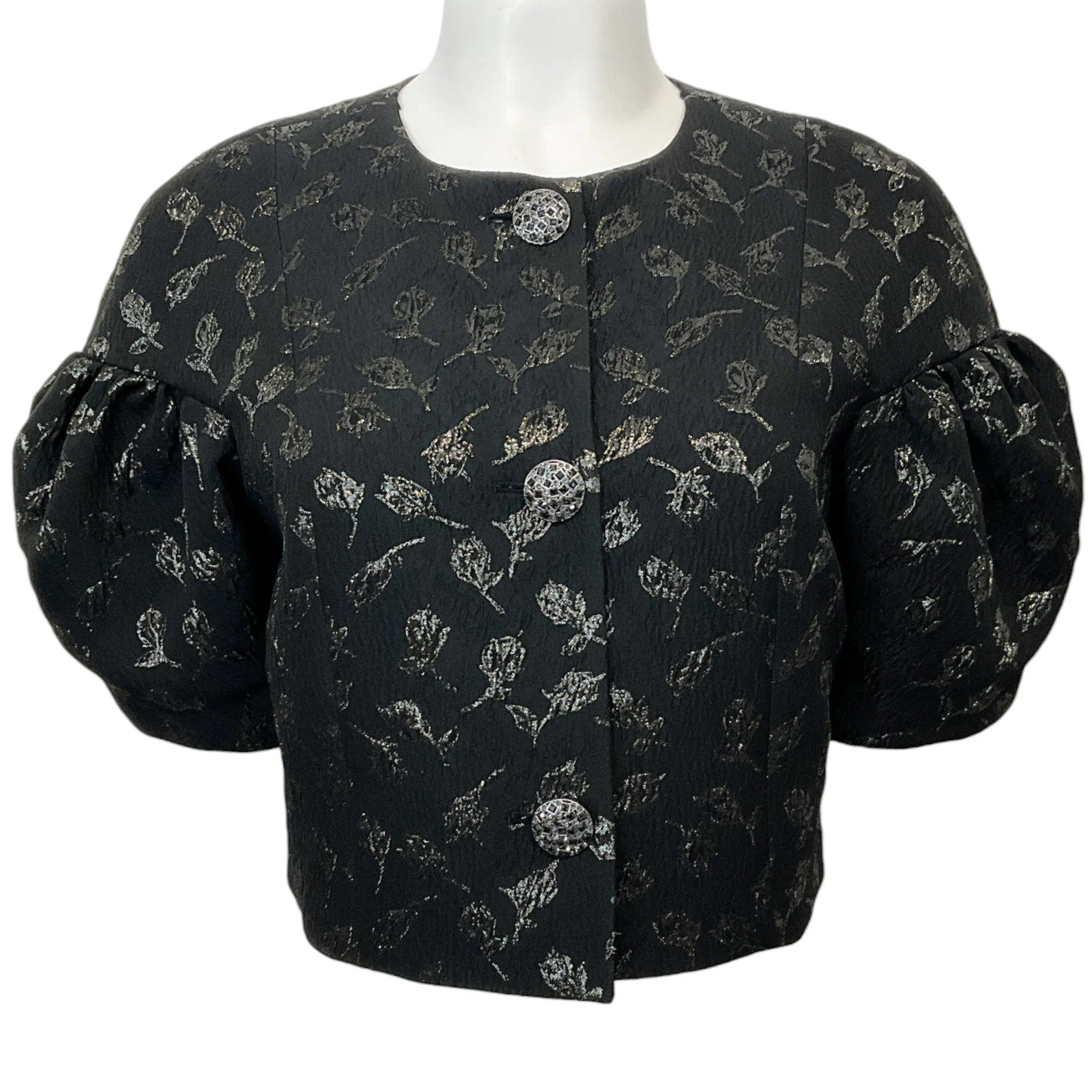 St. John Black Jacquard Short Sleeved Jacket with Rhinestone Buttons