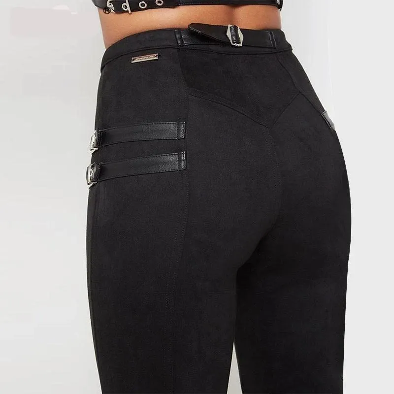 Suede Skinny High Waist Buckle Pant - Black