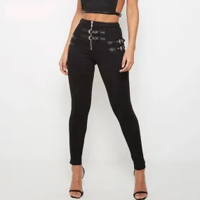 Suede Skinny High Waist Buckle Pant - Black