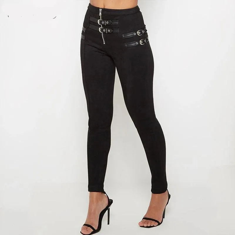 Suede Skinny High Waist Buckle Pant - Black