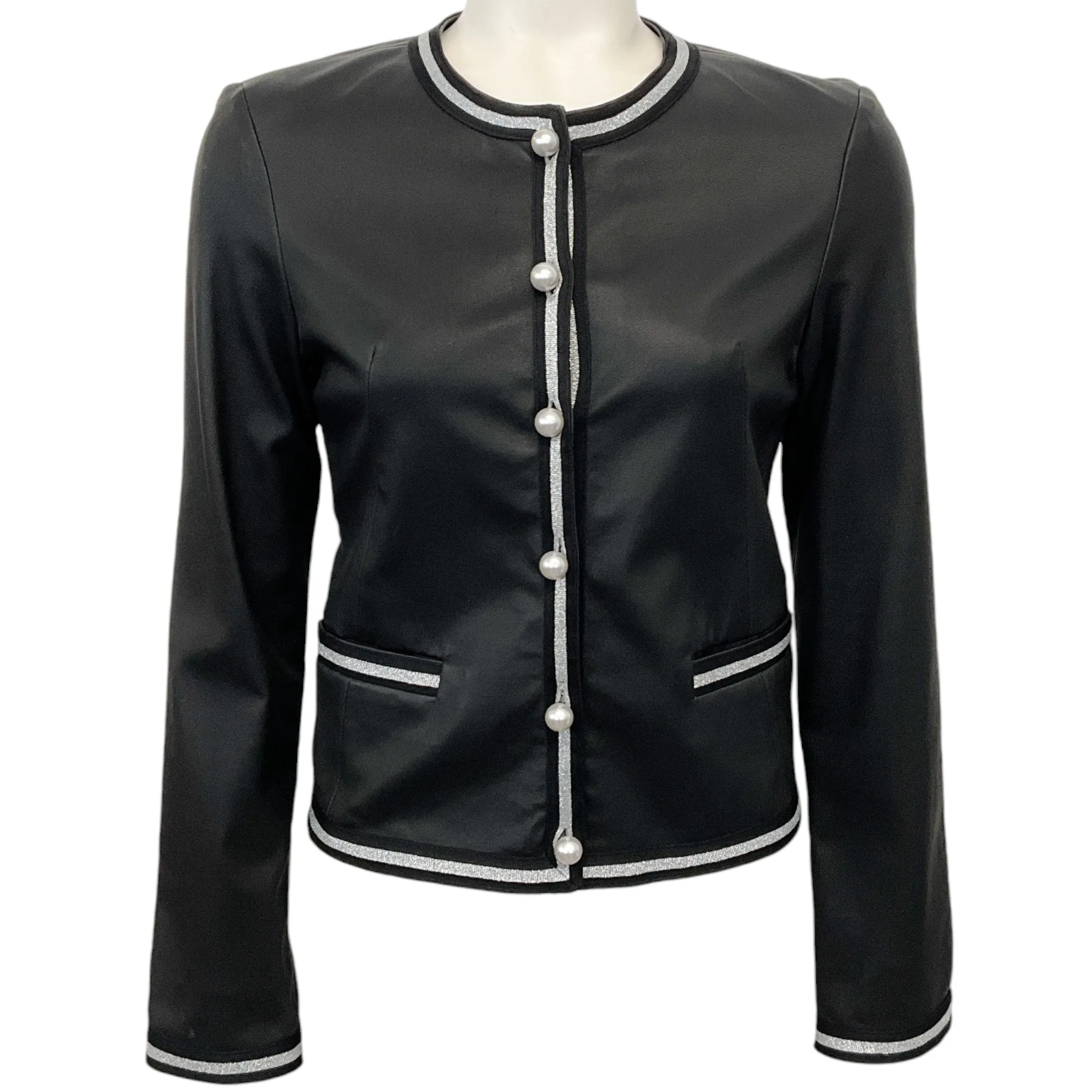 Susan Bender Black Leather Jacket with Pearl Buttons and Silver Trim