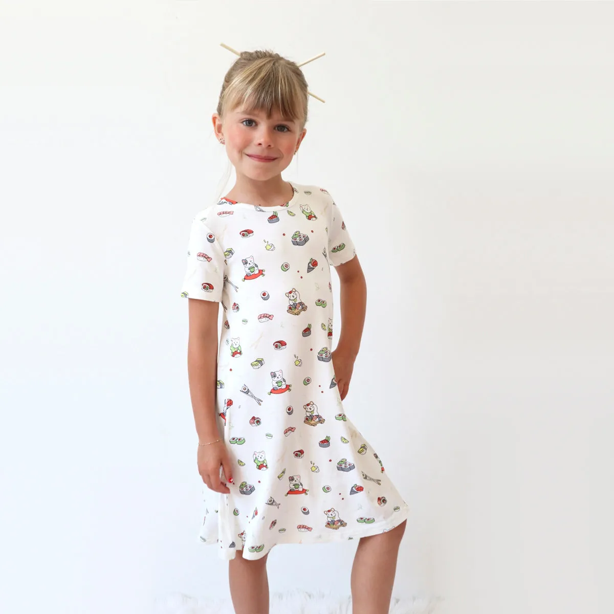 Sushi Cat Bamboo Girls' Short Sleeve Dress