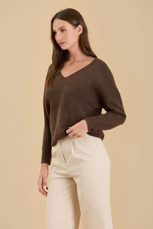 SYLVIA SOLID V NECK DROP SHOULDER KNIT SWEATER