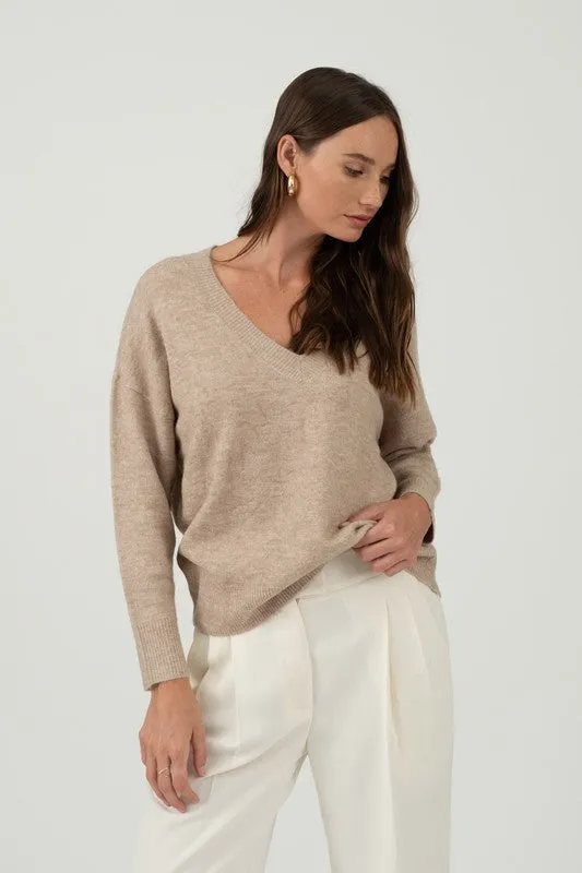 SYLVIA SOLID V NECK DROP SHOULDER KNIT SWEATER