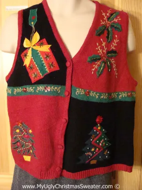 Tacky Christmas Sweater Party Ugly Sweater Vest with Bling Poinsettias, Trees, and Gifts  (f913)