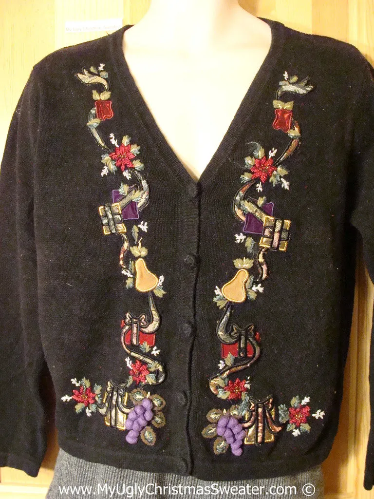 Tacky Holiday Sweater with Poinsettias and Purple Pom Pom Accents  (f1096)