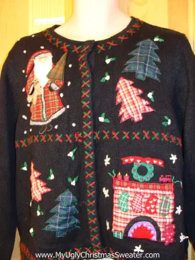 Tacky Ugly Christmas Sweater Crafty Plaid Festive Fireplace, Santa, and Trees (f332)