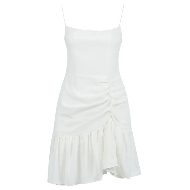 Trendy Ruched Spaghetti Strap Ruffle Little White Mini Dress - White