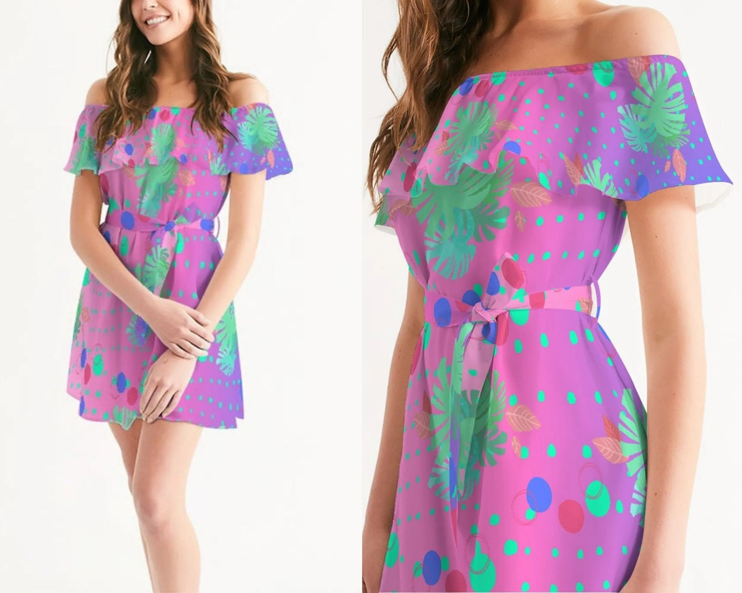 Tropical Dots Ombre Off Shoulder Dress