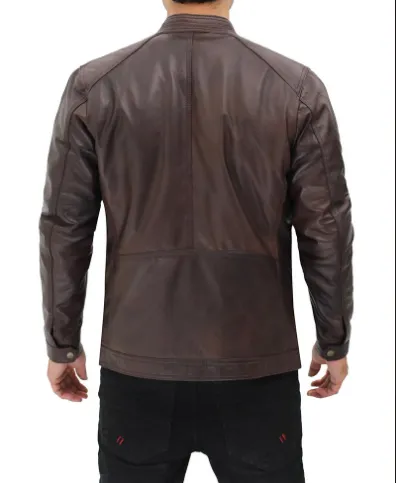 Udine Men's Waxed Dark Brown Snap Collar Leather Racer Jacket