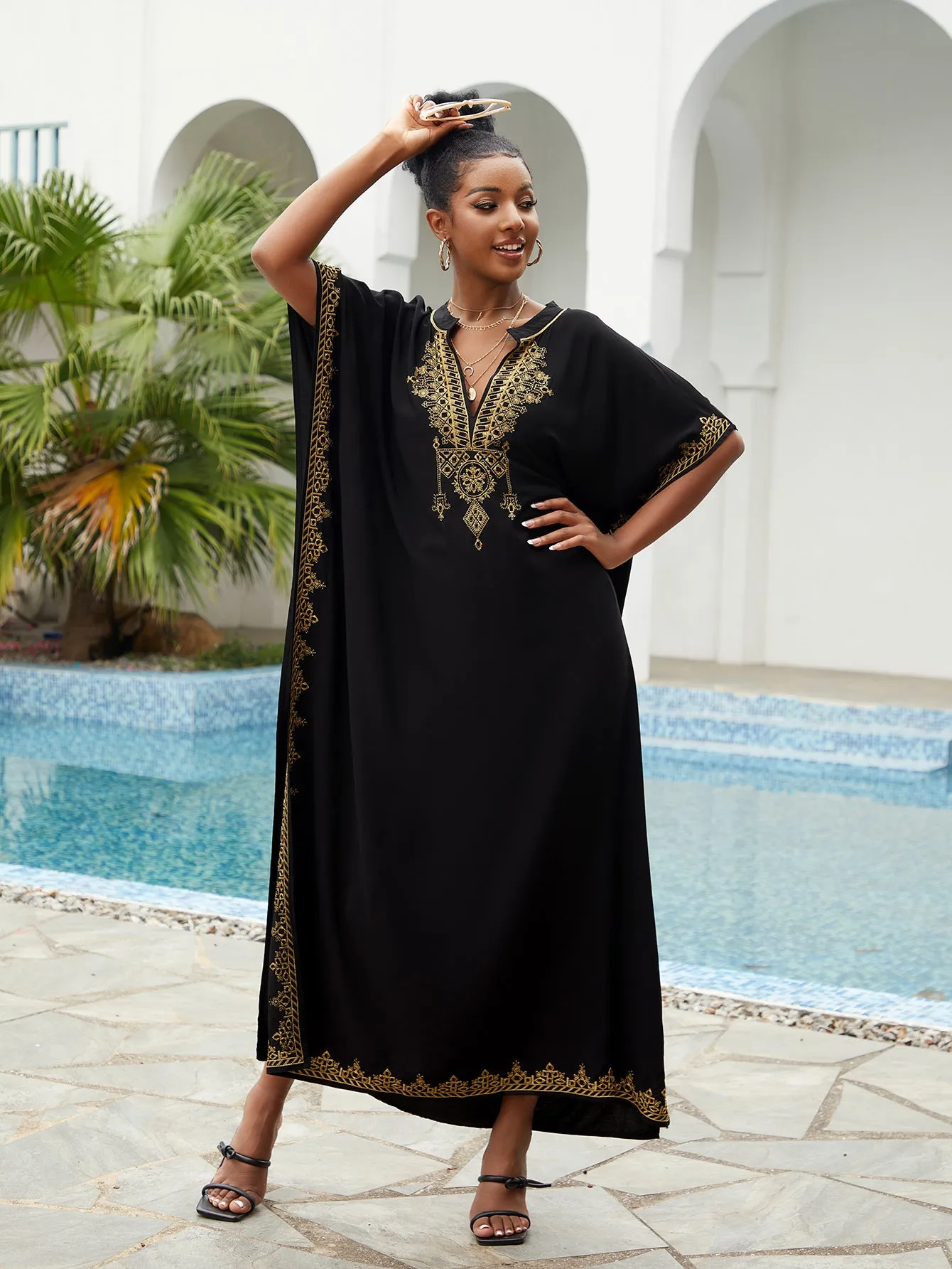 🌸Up to 50% off🔥Embroider Plus Size Kaftan Dress Beach Cover Up for Women Ethnic Print V-Neck Loose Caftan Maxi Dresses