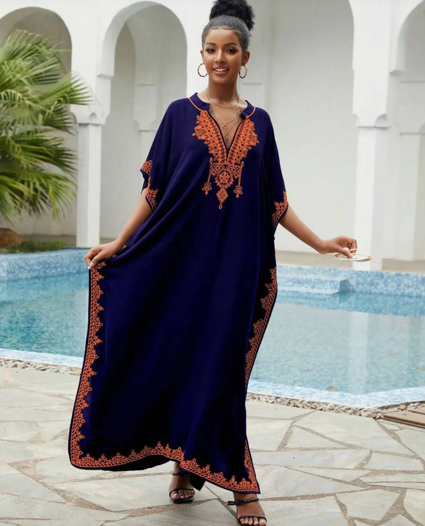 🌸Up to 50% off🔥Embroider Plus Size Kaftan Dress Beach Cover Up for Women Ethnic Print V-Neck Loose Caftan Maxi Dresses