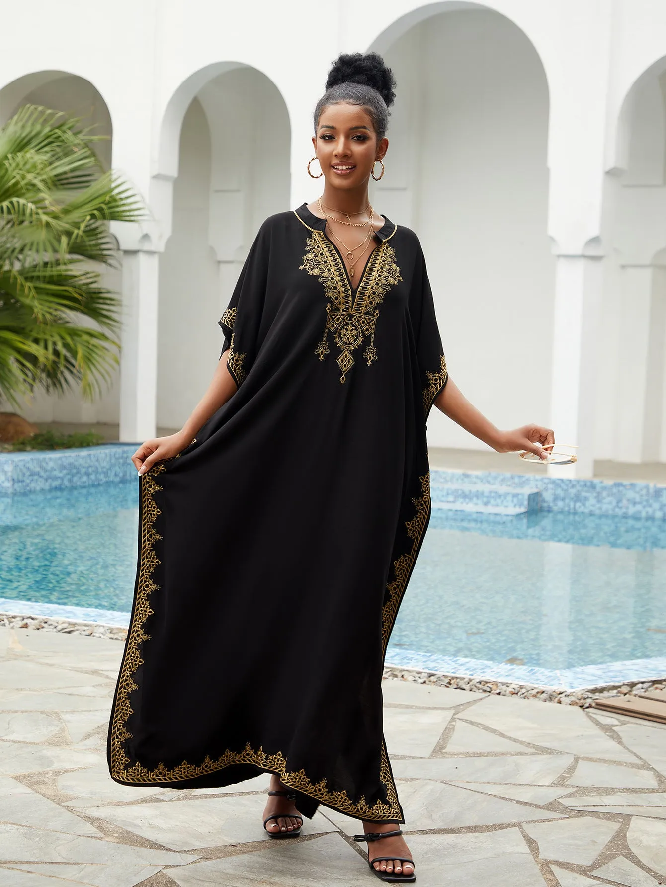 🌸Up to 50% off🔥Embroider Plus Size Kaftan Dress Beach Cover Up for Women Ethnic Print V-Neck Loose Caftan Maxi Dresses