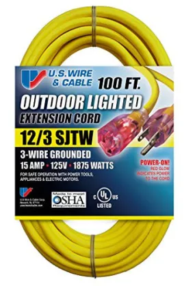 US Wire 74100 12/3 100-Feet SJTW Yellow Heavy-Duty Lighted Extension Cord