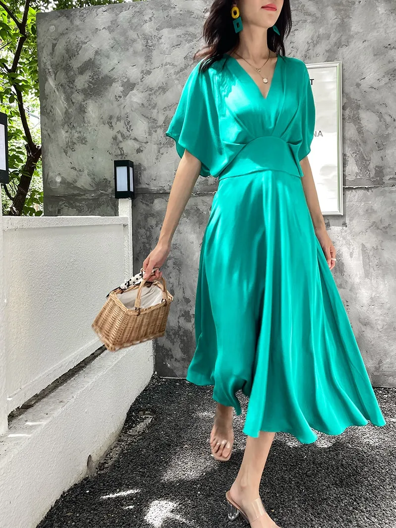 V-neck goddess bat sleeve elegant mid-length A-line large swing green dress - Laura