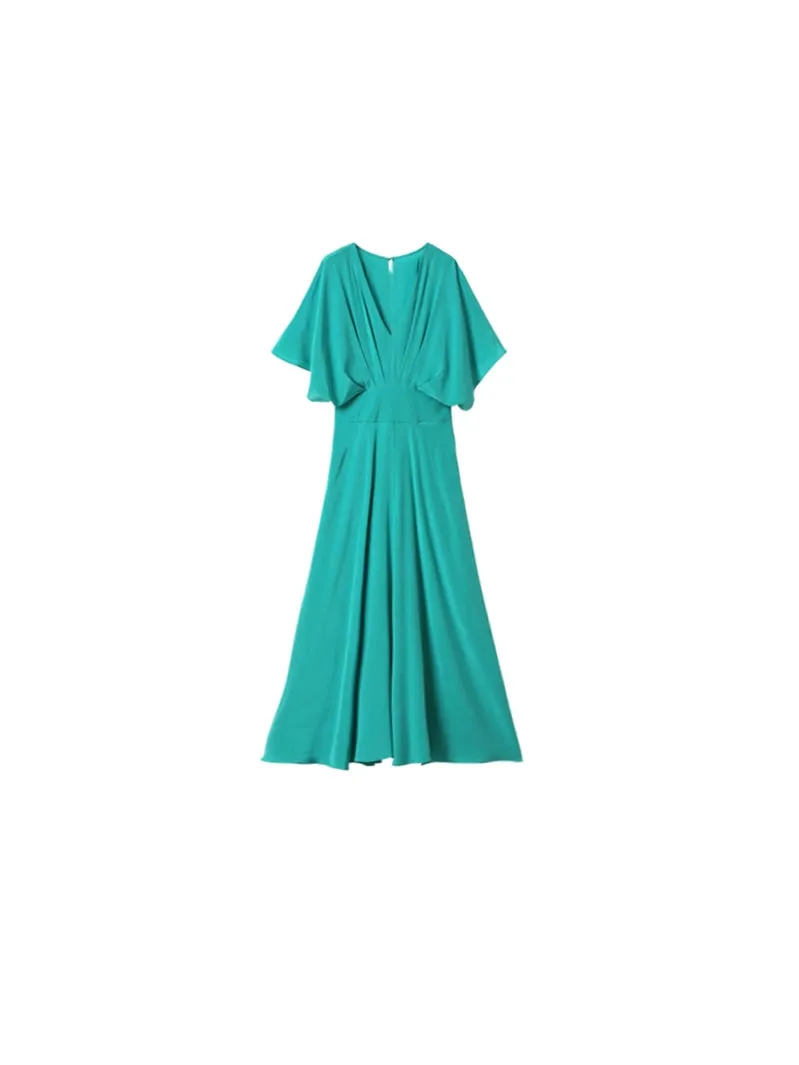 V-neck goddess bat sleeve elegant mid-length A-line large swing green dress - Laura