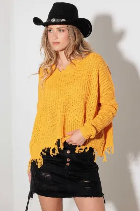 V-Neck Long Sleeve Destroyed Hem Sweater