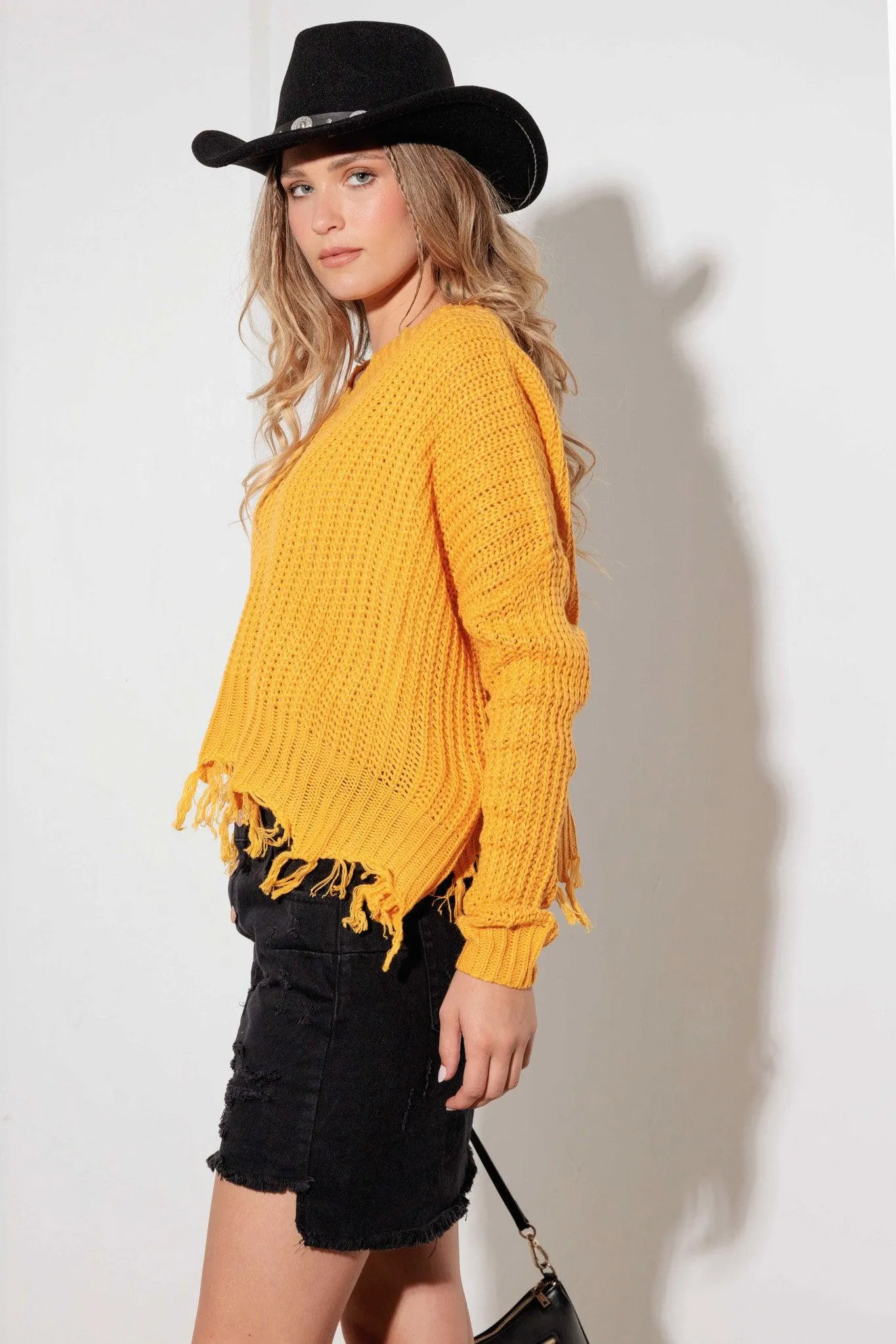 V-Neck Long Sleeve Destroyed Hem Sweater